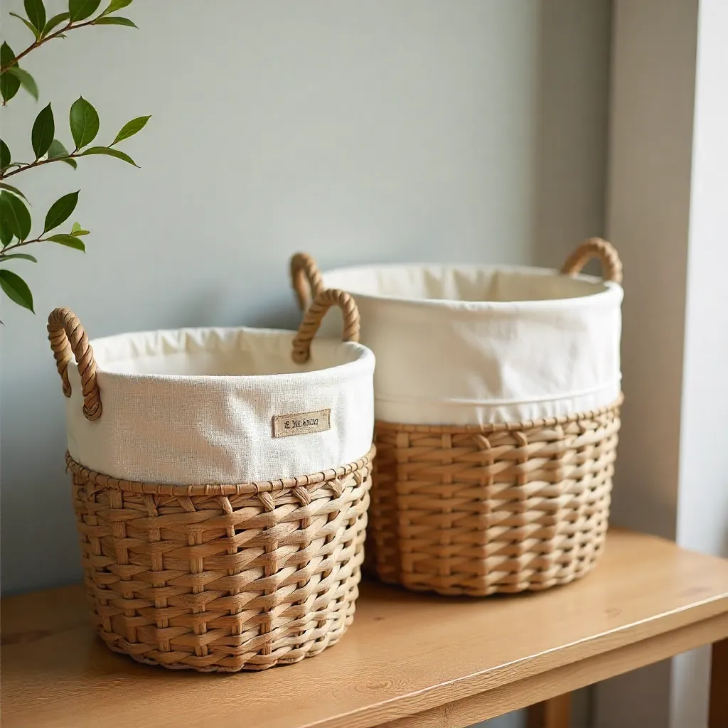 Organized home storage with natural baskets and wooden organizers